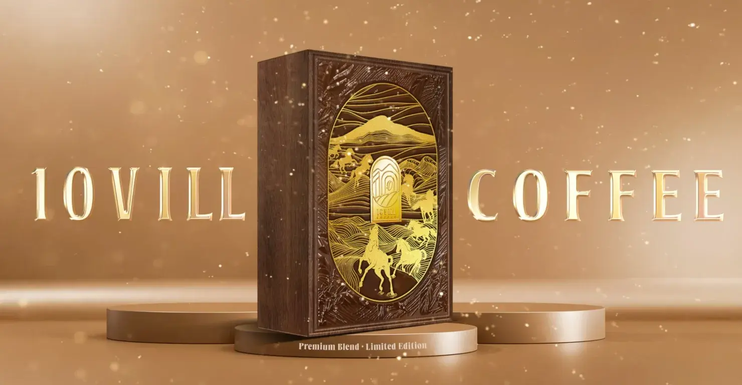 The 10Vill gift chest lit on a plinth, the gold arch mark glowing on its open lid