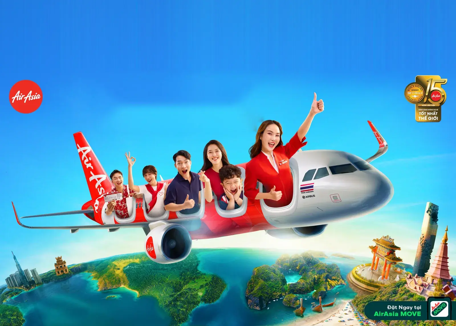 The AirAsia A320 flying over Thai islands, temples and city with a full cast of passengers around it