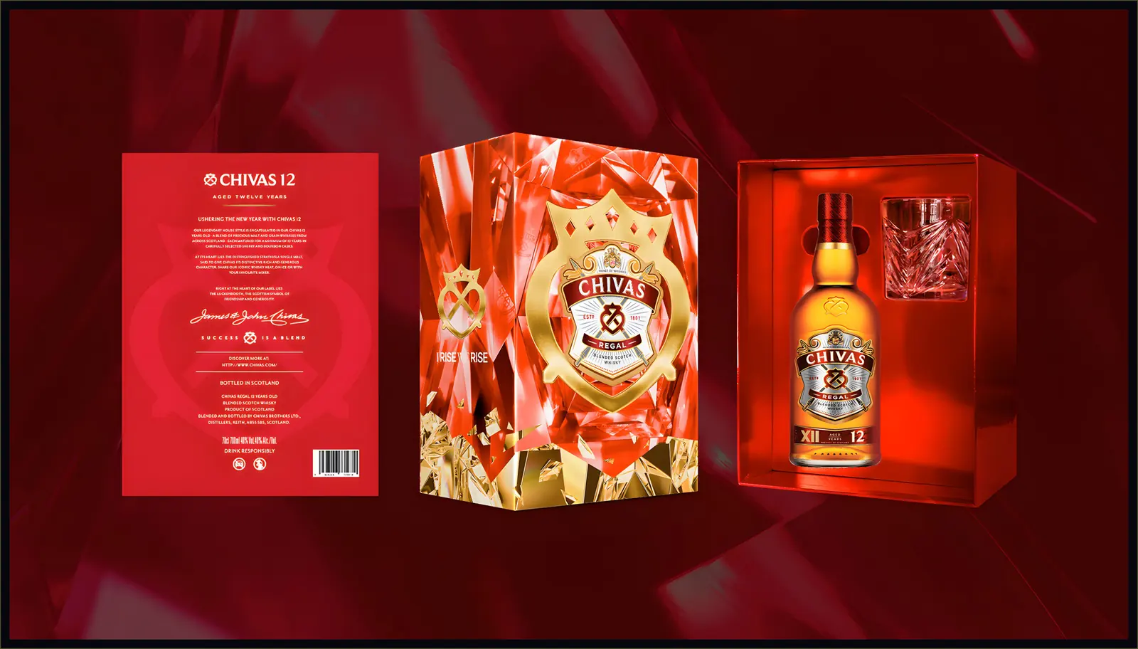 Chivas Regal 12 back panel, closed gift box and inner tray photographed together on red
