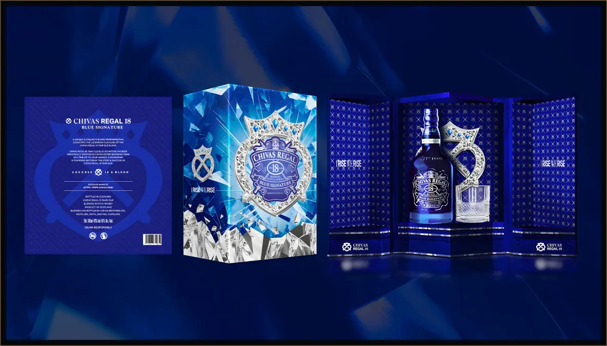 Chivas Regal 18 Blue Signature back panel, gift box and the open gift set with bottle and tumbler