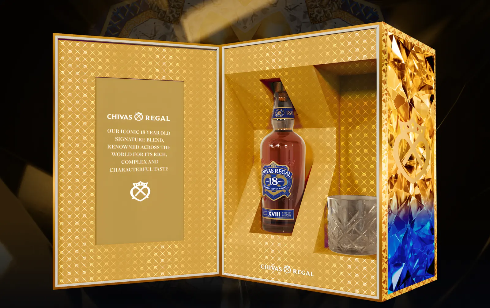 The 18 Gold Signature Tết 2026 gift set open, gold kaleidoscope pattern across the inside