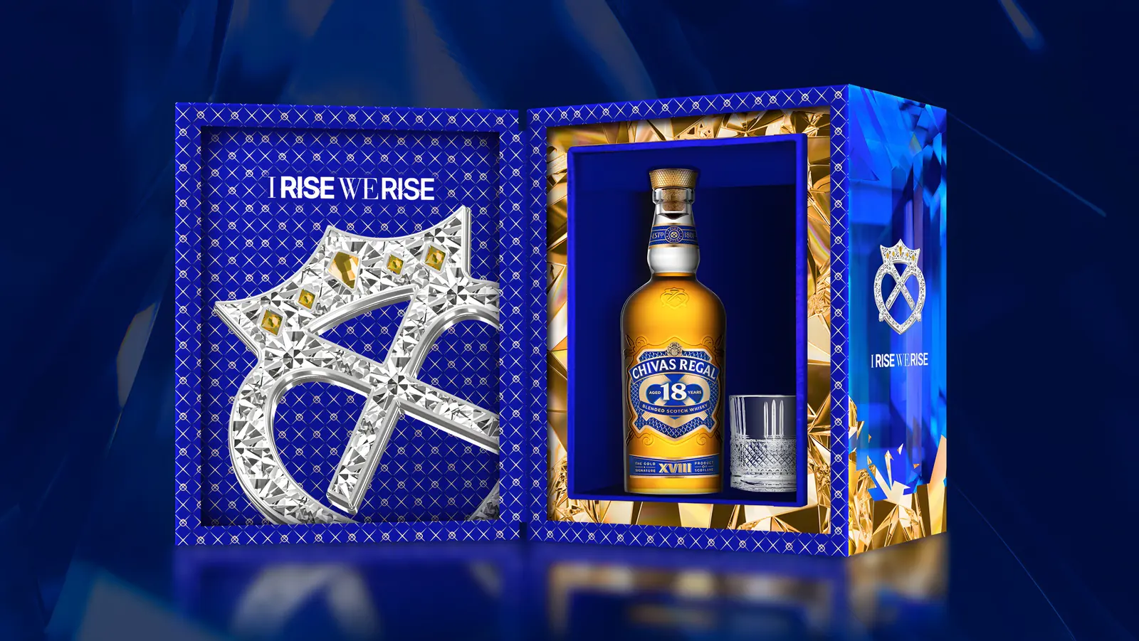 The Gold Signature gift set open, the Luckenbooth crest rendered as a cut diamond beside the bottle