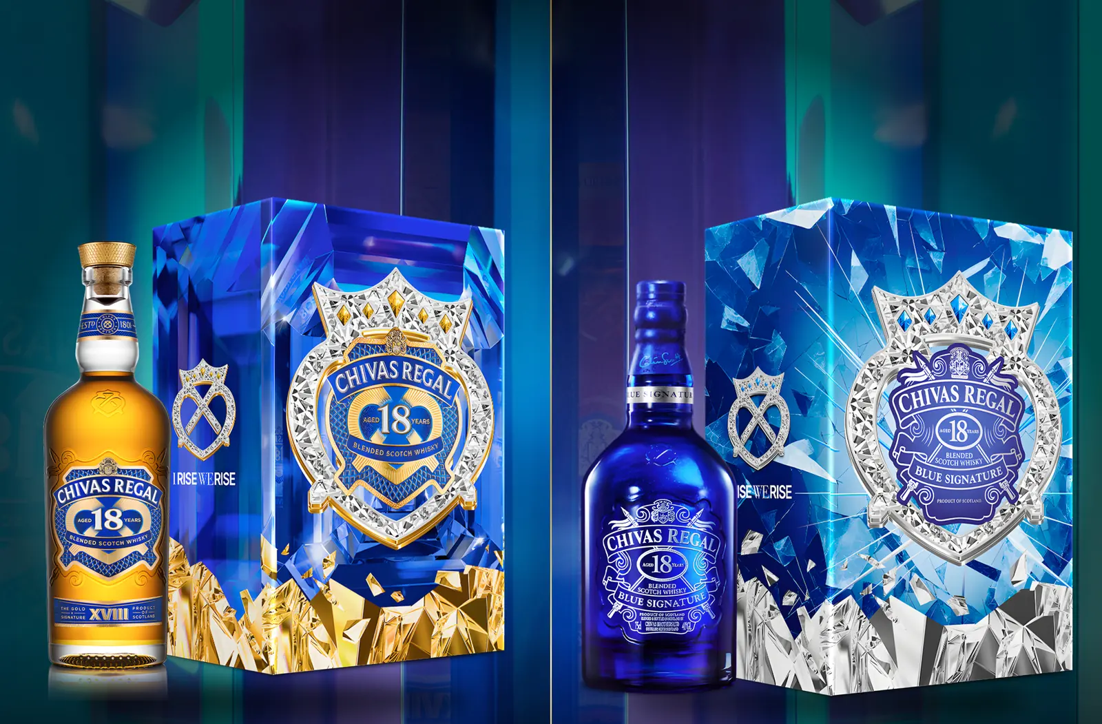 The two 18-year-old packs side by side in their own crystal chambers — Gold Signature on the left, Blue Signature on the right