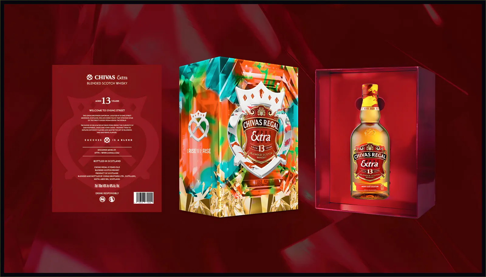 Chivas Regal Extra 13 back panel, closed gift box and inner tray, emerald artwork on a red ground