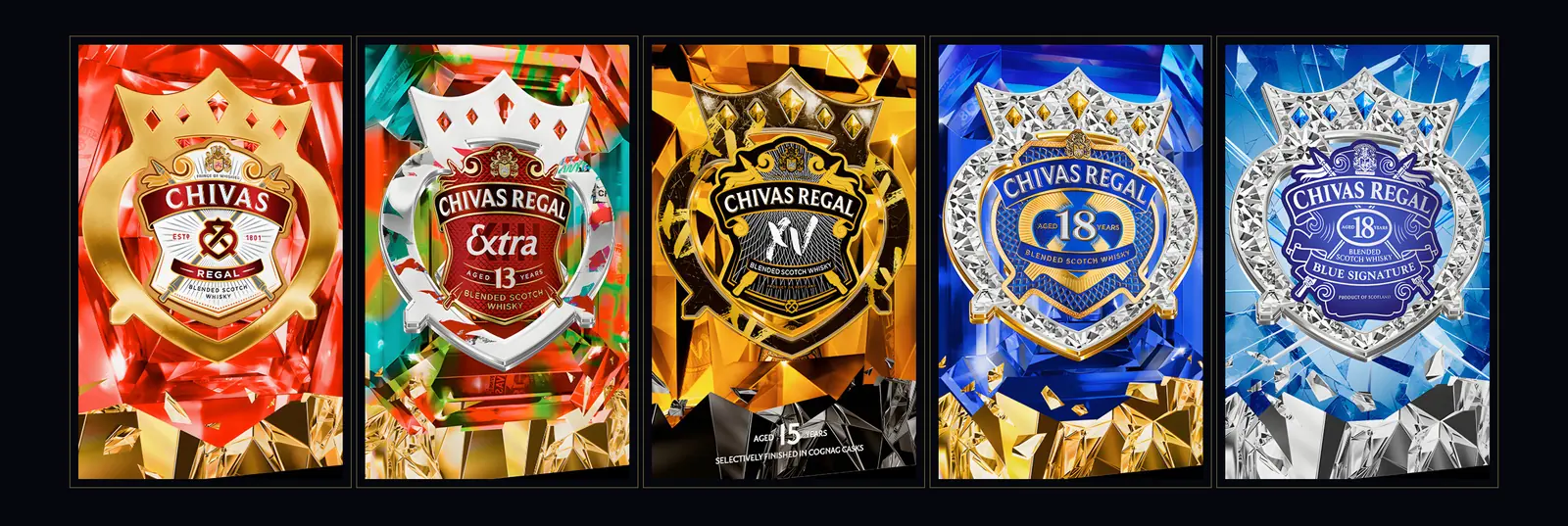 Five pack faces side by side — ruby, emerald on ruby, topaz, sapphire and gold, diamond and ice — the same crest on each