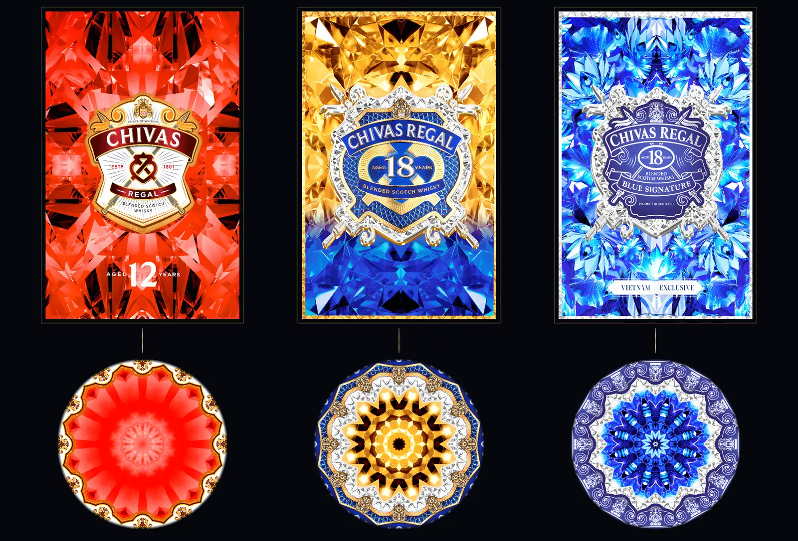 Three pack faces above the rosette each one folds into — red, gold and blue