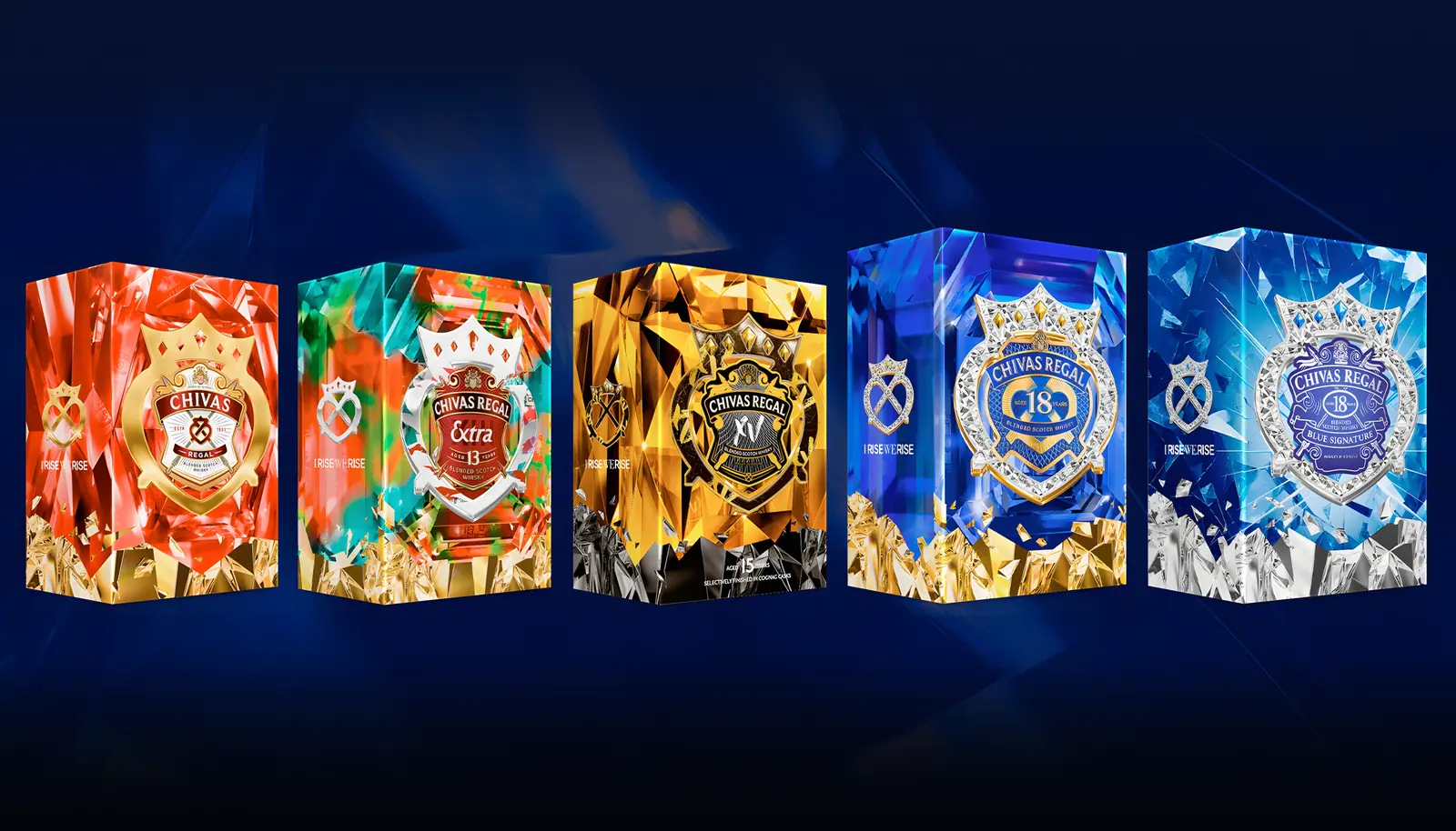 The five Chivas Regal Bảo Ngọc gift packs in a row on deep blue, each face a different cut stone