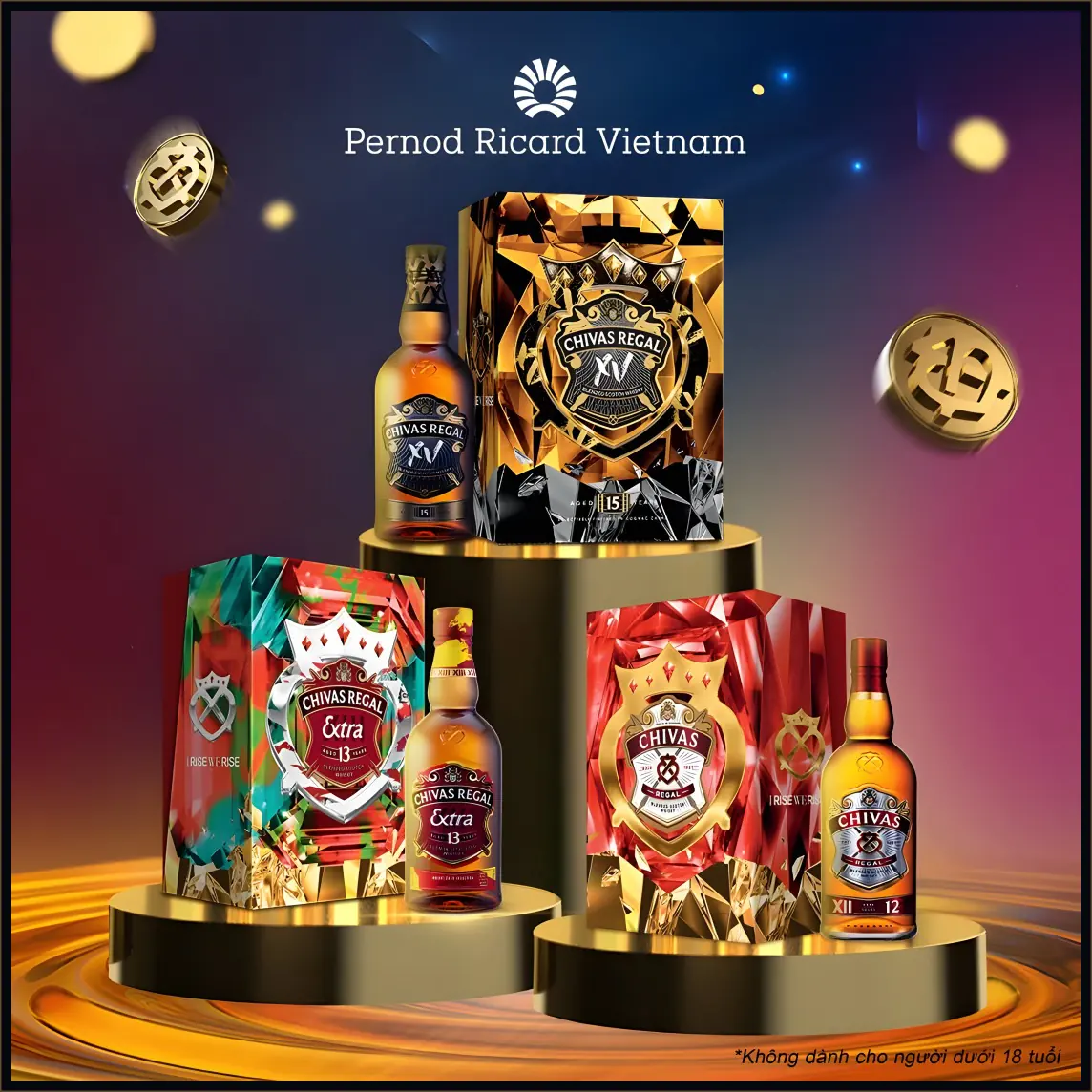 A Pernod Ricard Vietnam social post with the packs arranged on gold podiums