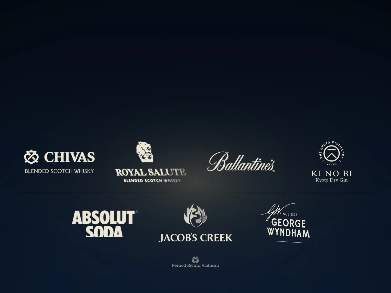 A spread of Pernod Ricard work — labels, leaflets, gift boxes and marketplace visuals together