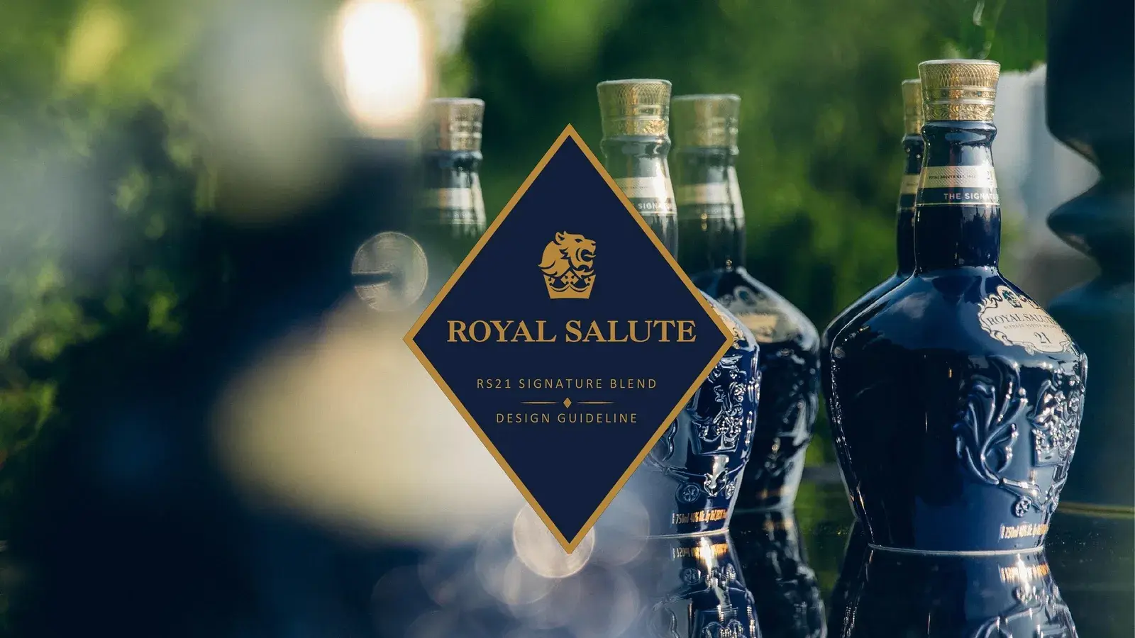 The blue porcelain flagon photographed outdoors beside the Royal Salute diamond crest